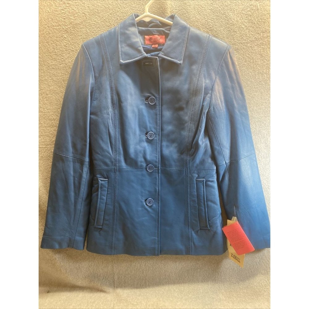 EXCELLED collection Luxury Women Sz XS Blue Leather Jacket Petty COAT Light NEW